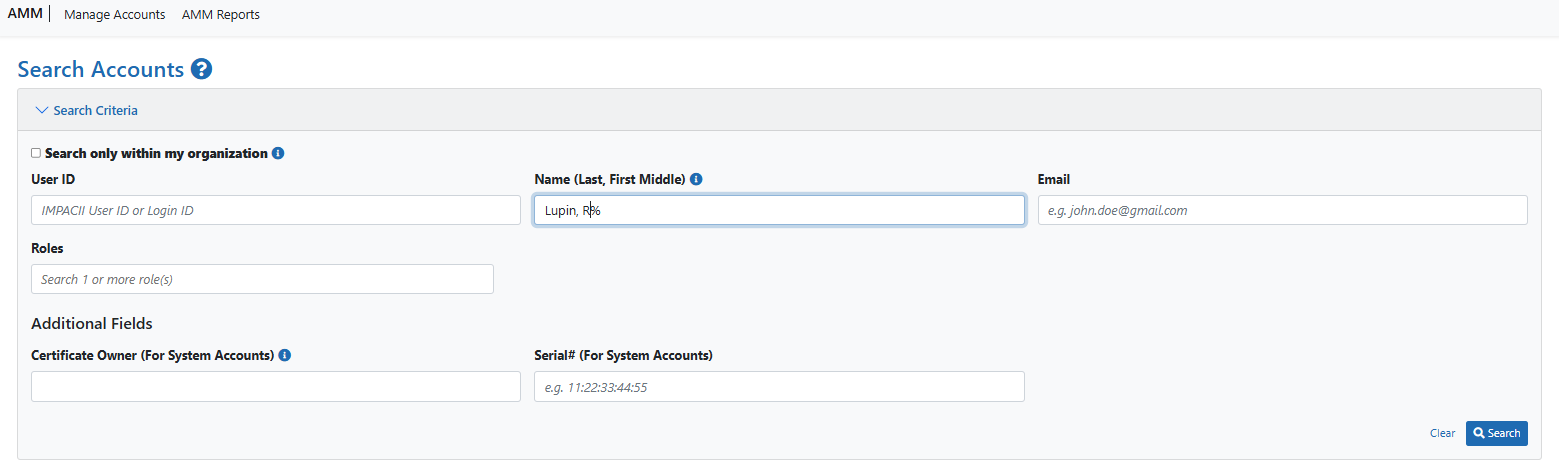 Screenshot of the Search Accounts screen for Commons users